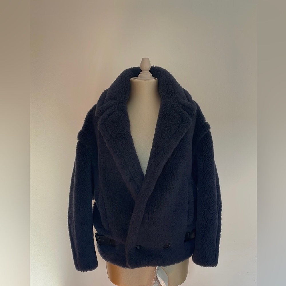 Max Mara Teddy Biker Jacket – NWT, Midnight Blue, Size 2 (36 IT) + Garment Bag
